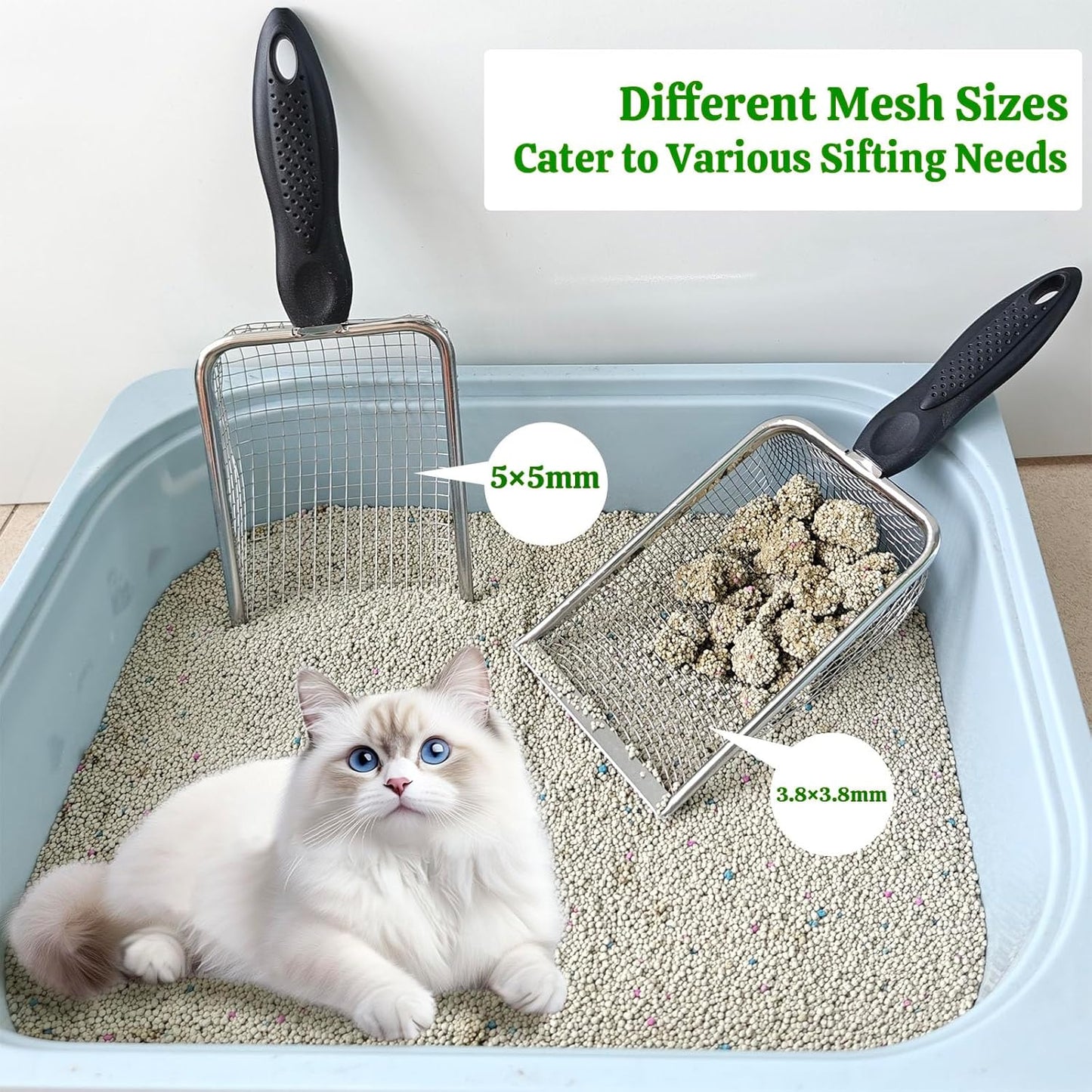 KOROI Chicken Poop Scooper - 2 Pack Chicken Coop Poop Scoop Shovel with 3.8mm & 5mm Mesh,Metal Chicken Coop Cleaning Tool,Sifting Rake for Chicken Litter, Sand, Poop | Chicken Supplies