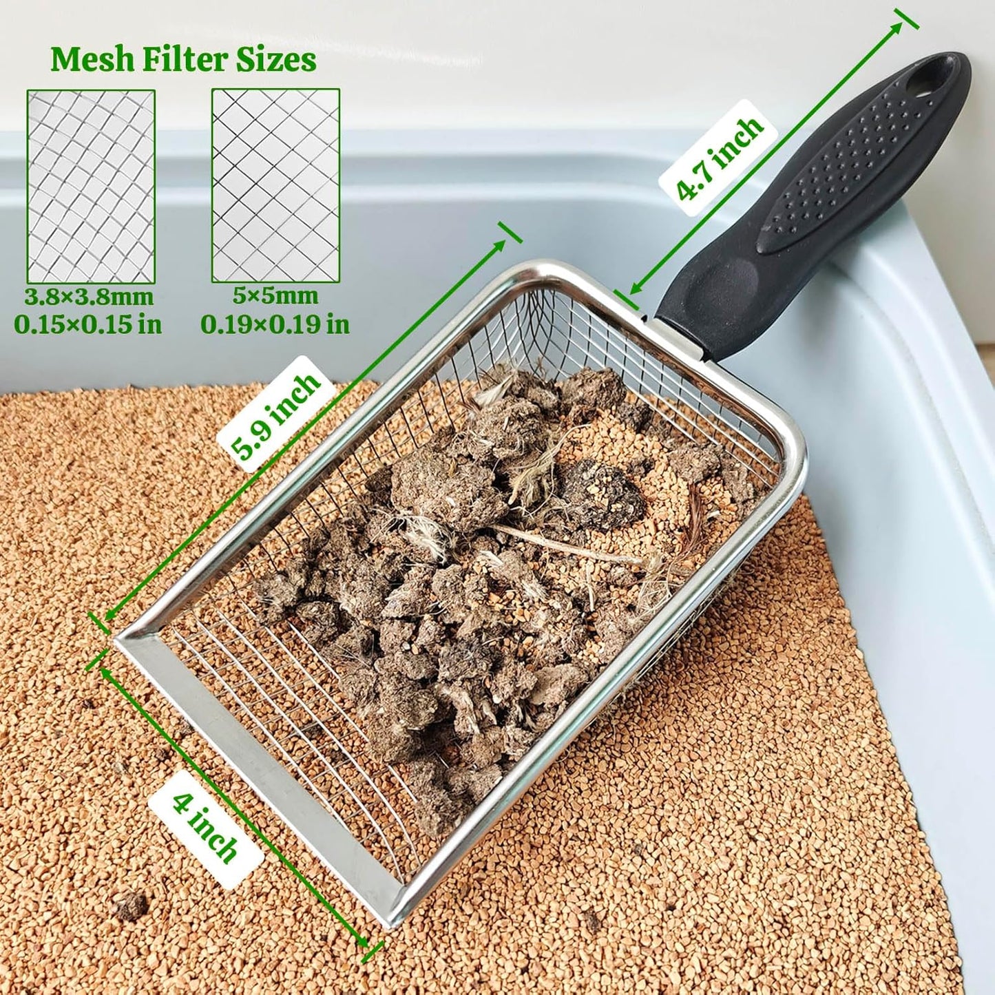 KOROI Chicken Poop Scooper - 2 Pack Chicken Coop Poop Scoop Shovel with 3.8mm & 5mm Mesh,Metal Chicken Coop Cleaning Tool,Sifting Rake for Chicken Litter, Sand, Poop | Chicken Supplies